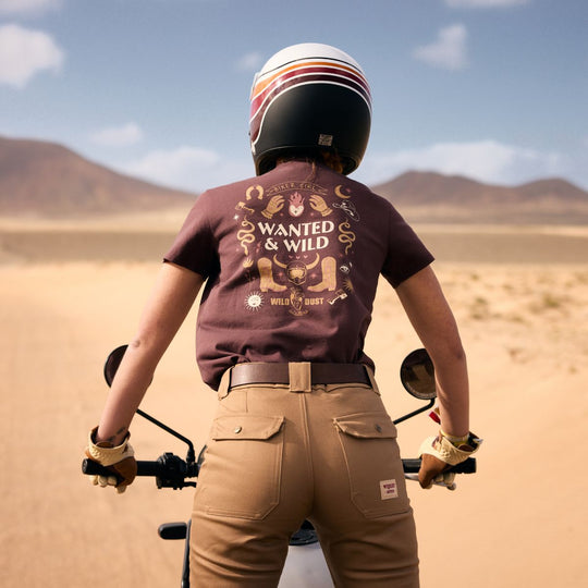 Wildust Sisters Wanted & Wild tee brown back print desert riding lifestyle view