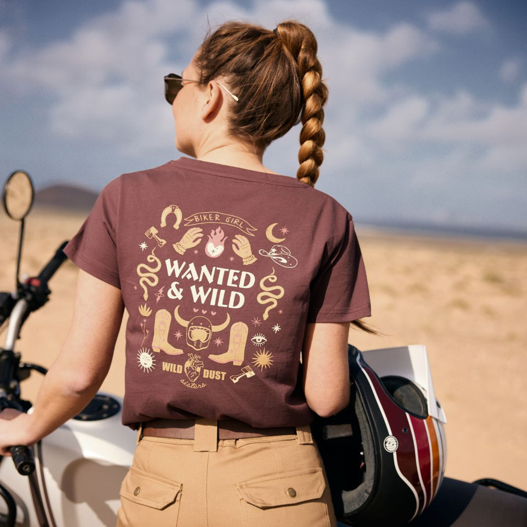 Wildust Sisters Wanted & Wild tee brown back graphic print desert lifestyle worn view