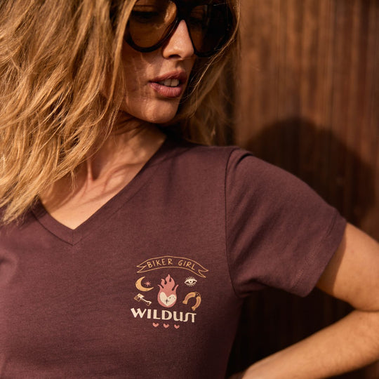 Wildust Sisters Wanted & Wild tee brown chest logo detail lifestyle worn view
