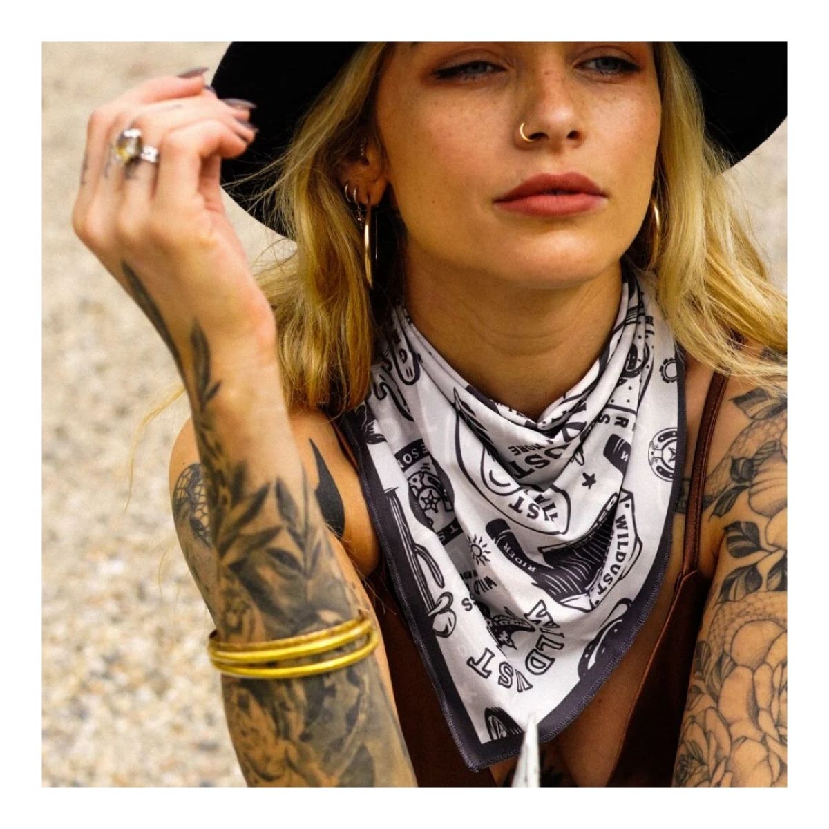 Wildust Sisters Wild Spirit motorcycle scarf grey graphic print worn neck lifestyle image