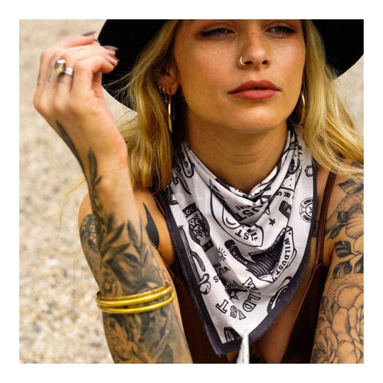Wildust Sisters Wild Spirit motorcycle scarf grey graphic print worn neck lifestyle image