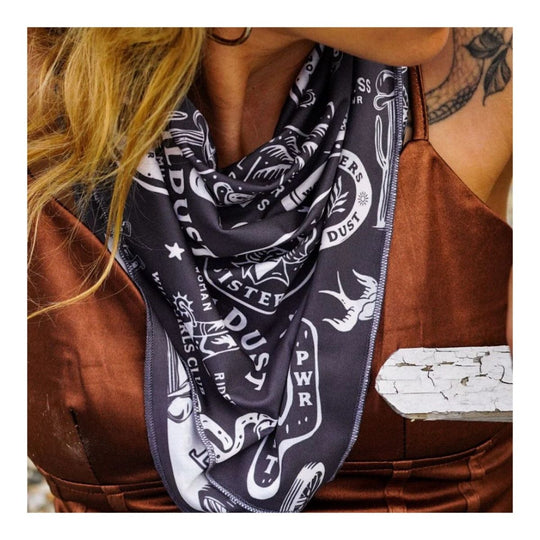 Wildust Sisters Wild Spirit motorcycle scarf grey graphic print close up worn lifestyle image