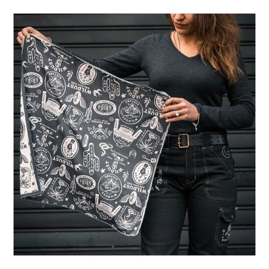 Wildust Sisters Wild Spirit motorcycle scarf grey graphic print held full size lifestyle image