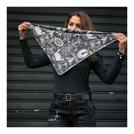 Wildust Sisters Wild Spirit motorcycle scarf grey graphic print full size lifestyle image