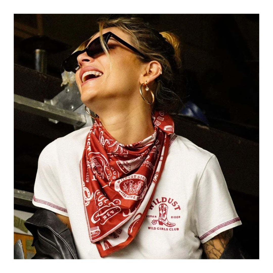 Wildust Sisters Wild Spirit motorcycle scarf red graphic print worn neck lifestyle portrait image