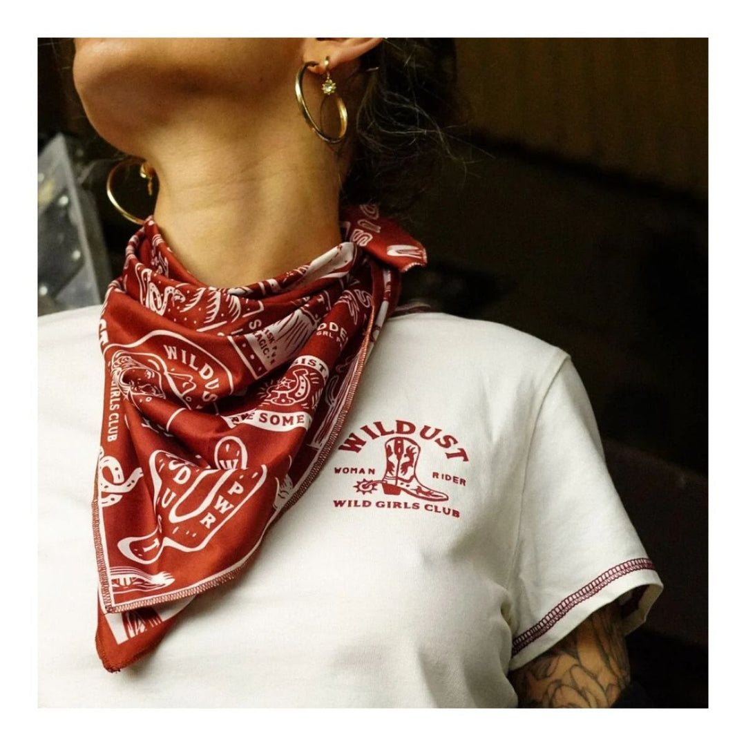 Wildust Sisters Wild Spirit motorcycle scarf red graphic print worn neck lifestyle image