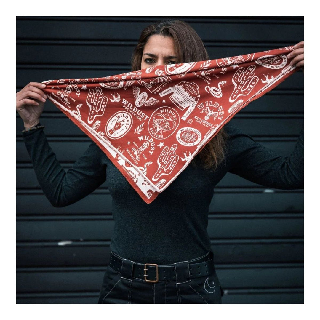 Wildust Sisters Wild Spirit motorcycle scarf red graphic print worn face covering lifestyle image