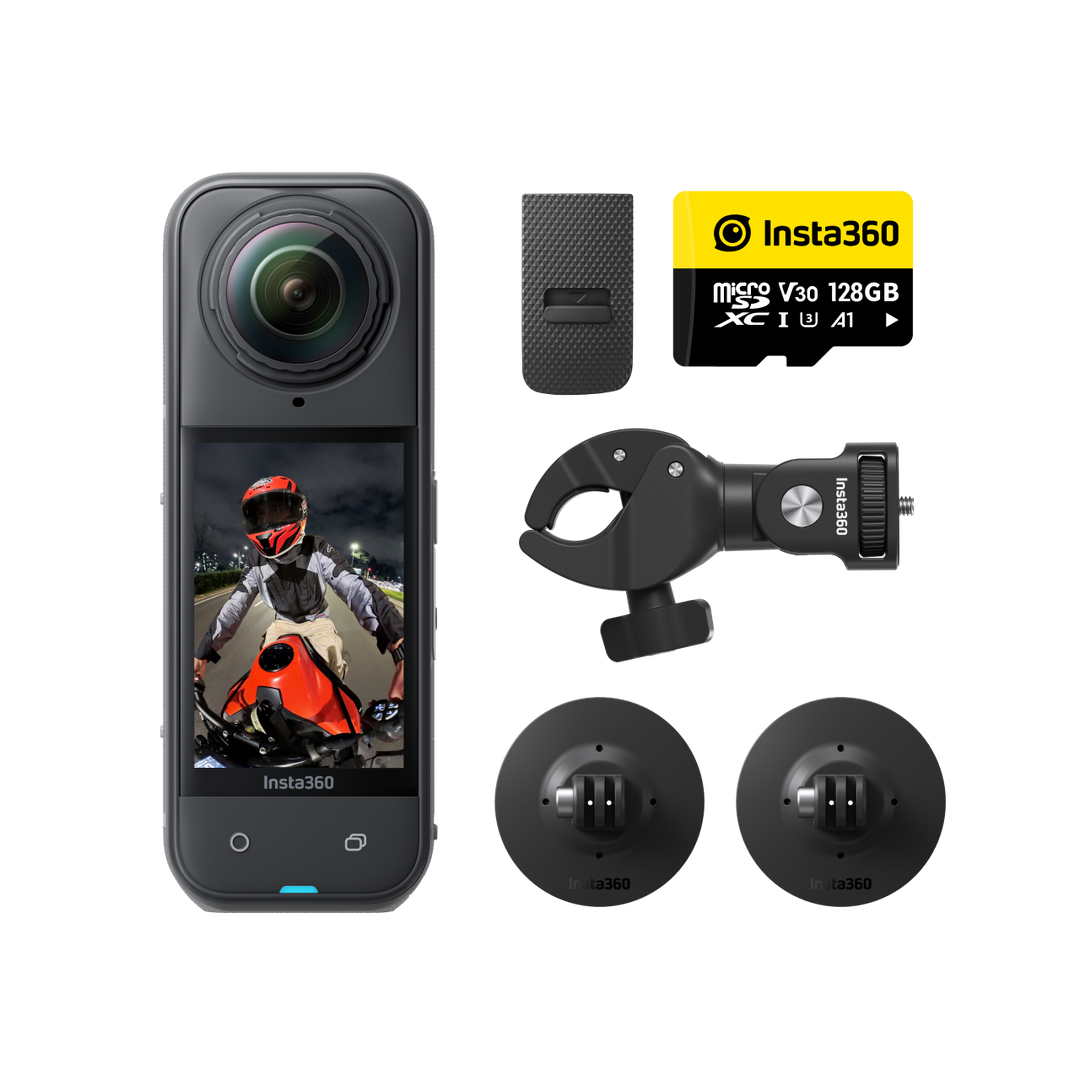 Insta360 X5 Motorcycle Multiview Bundle showing camera, handlebar mount, two adhesive mounts, and 128GB microSD card.