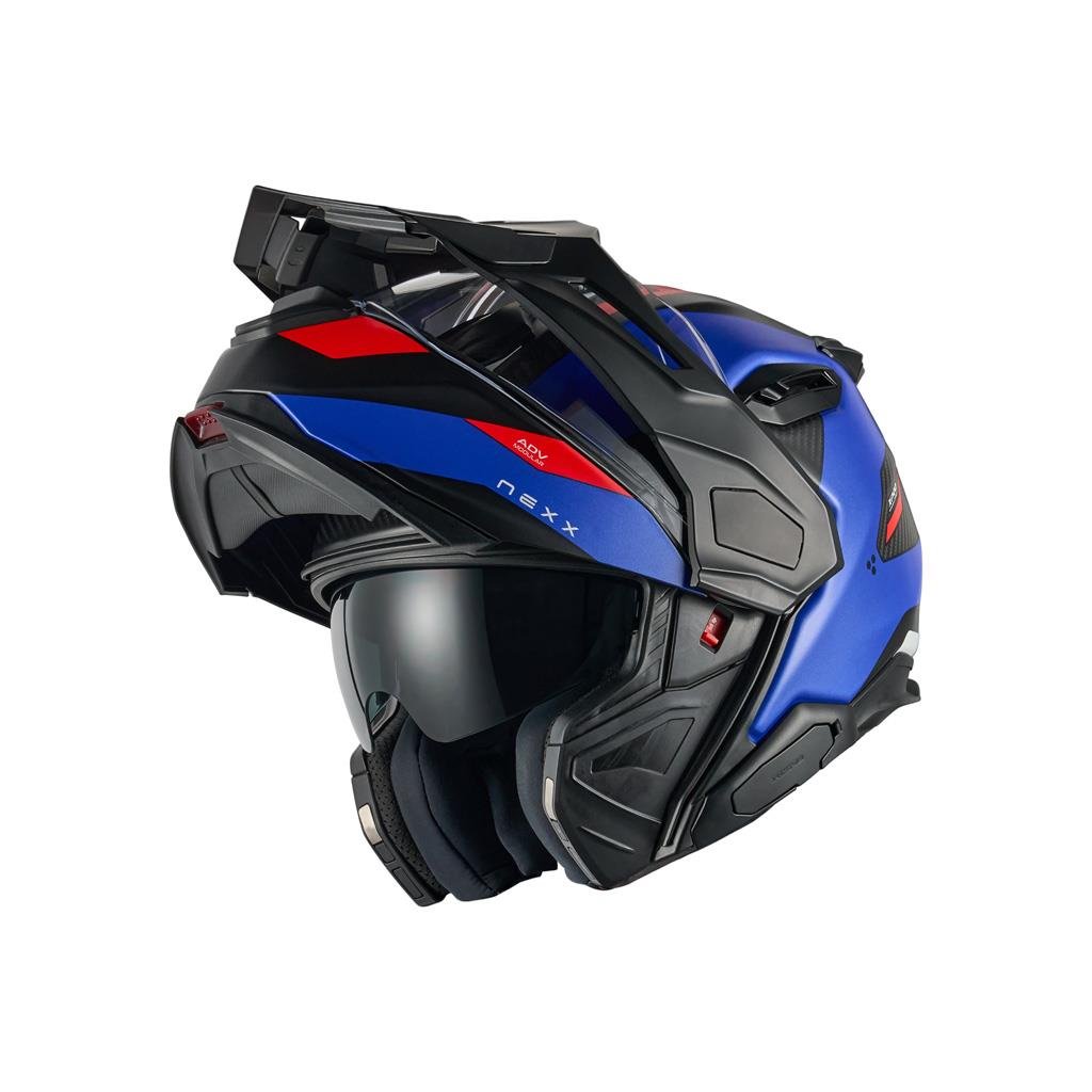 Nexx-X-Life-Country-Adventure-Helmet-Terra-Blue-Red-Shell-Visor-Open-Position
