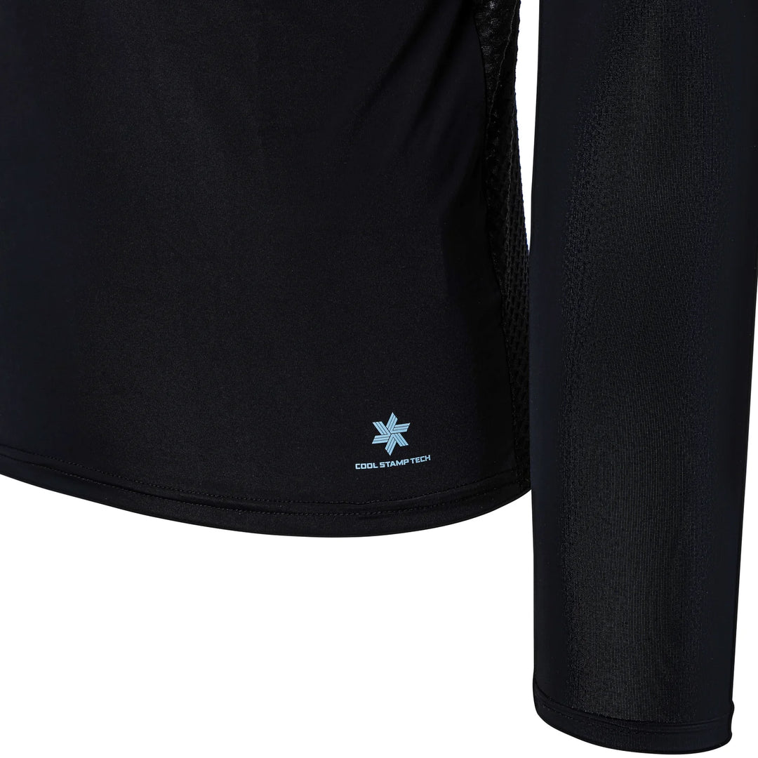 Zerofit IceSkin long sleeve base layer in black detail view showing sleeve and hem branding