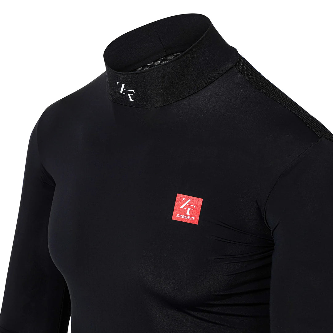 Zerofit IceSkin long sleeve base layer in black detail view showing chest logo and collar