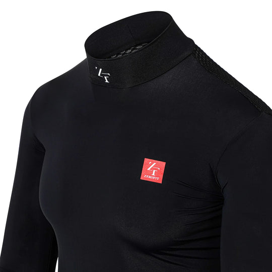 Zerofit IceSkin long sleeve base layer in black detail view showing chest logo and collar